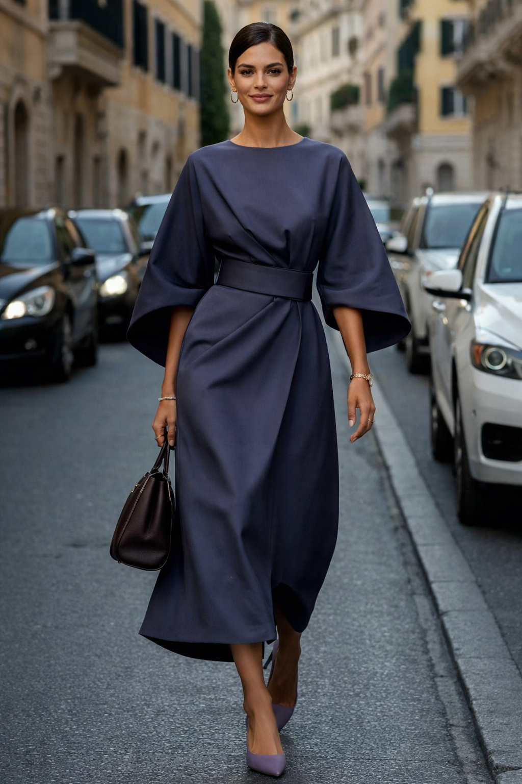 Gracea | Elegant Dress with Lantern Sleeves and Waist Belt