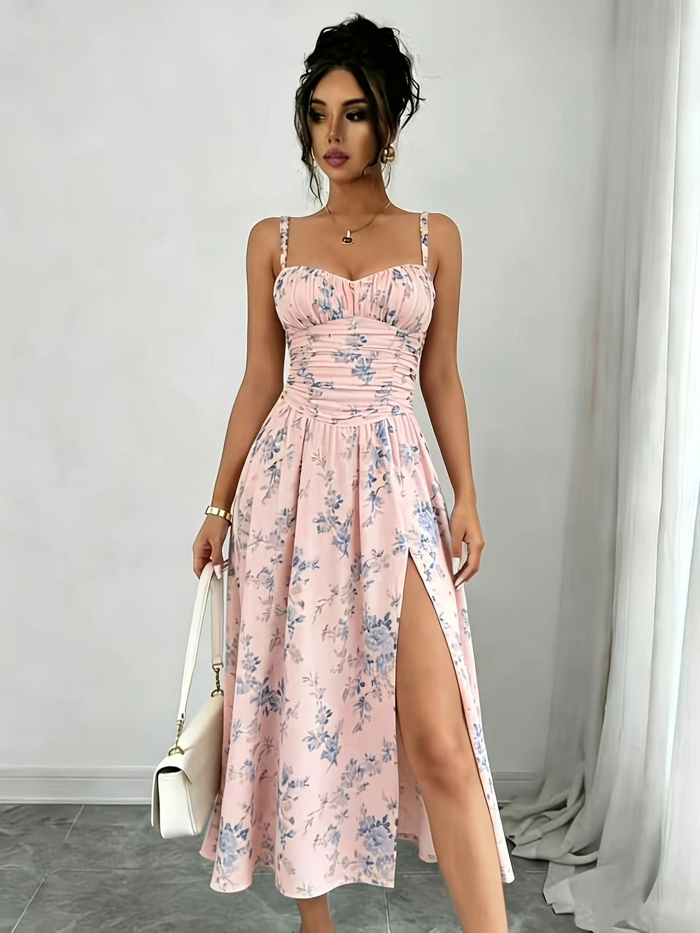 Isla | Women's Floral Print Ruched Bodice Spaghetti Strap Midi Dress