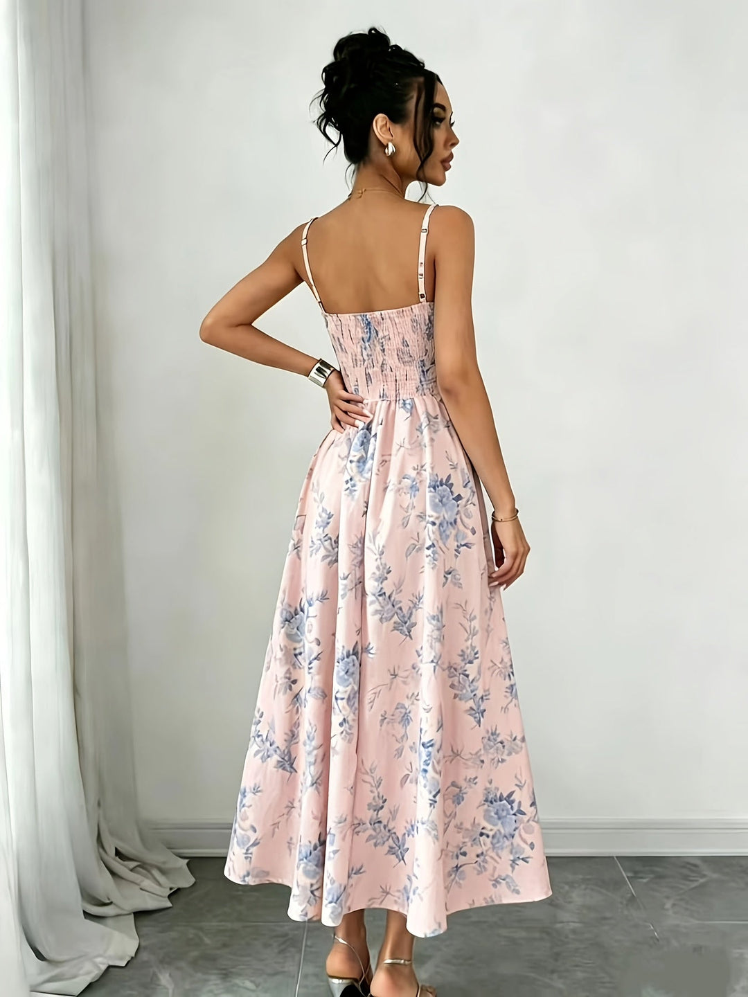 Isla | Women's Floral Print Ruched Bodice Spaghetti Strap Midi Dress