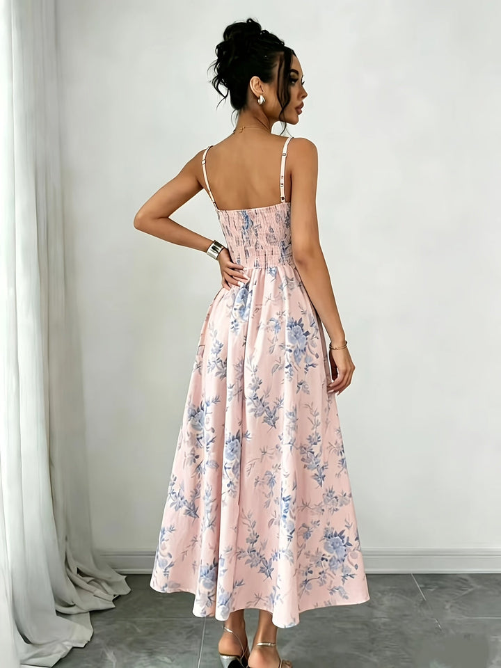 Isla | Women's Floral Print Ruched Bodice Spaghetti Strap Midi Dress