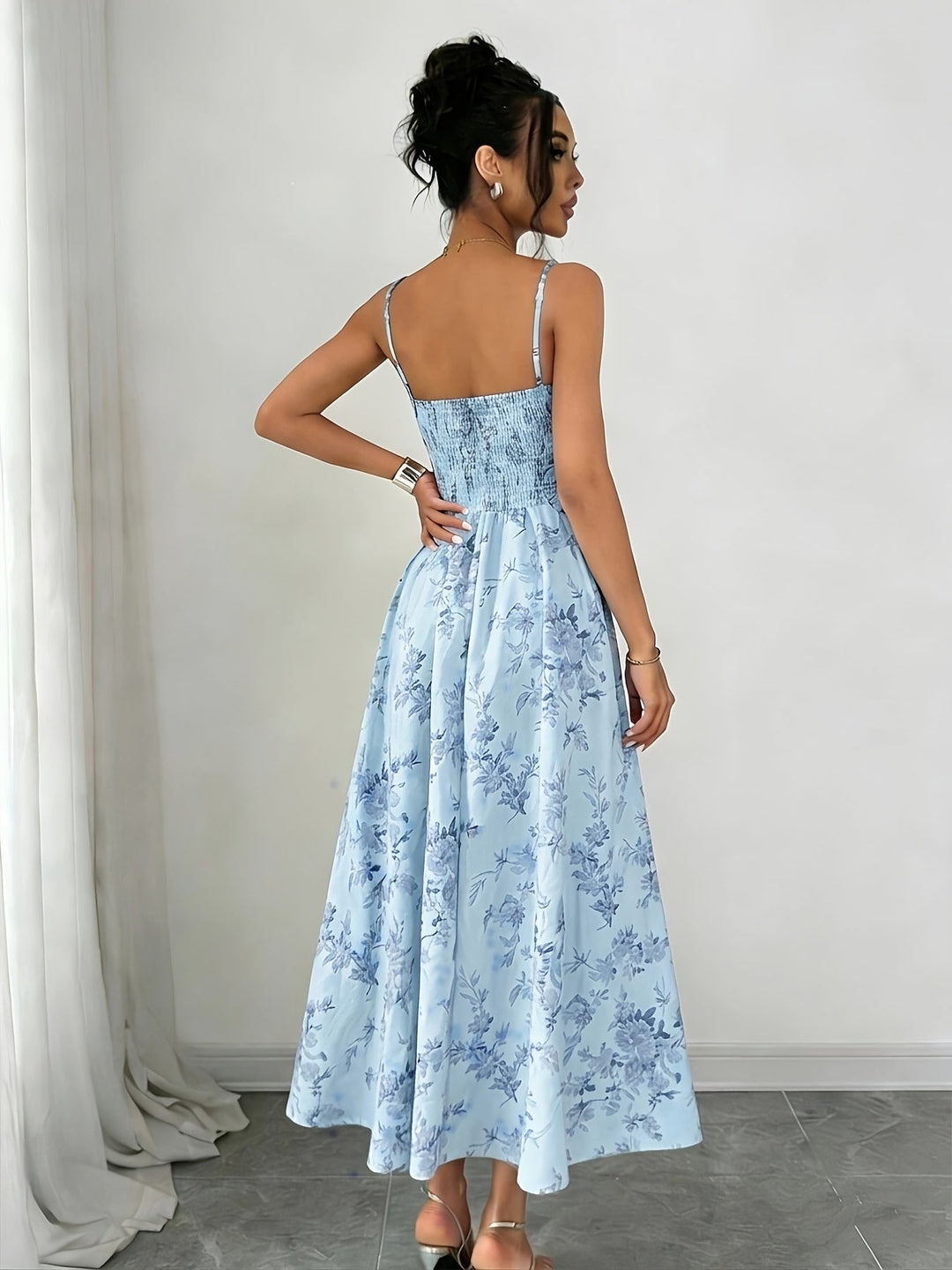 Isla | Women's Floral Print Ruched Bodice Spaghetti Strap Midi Dress