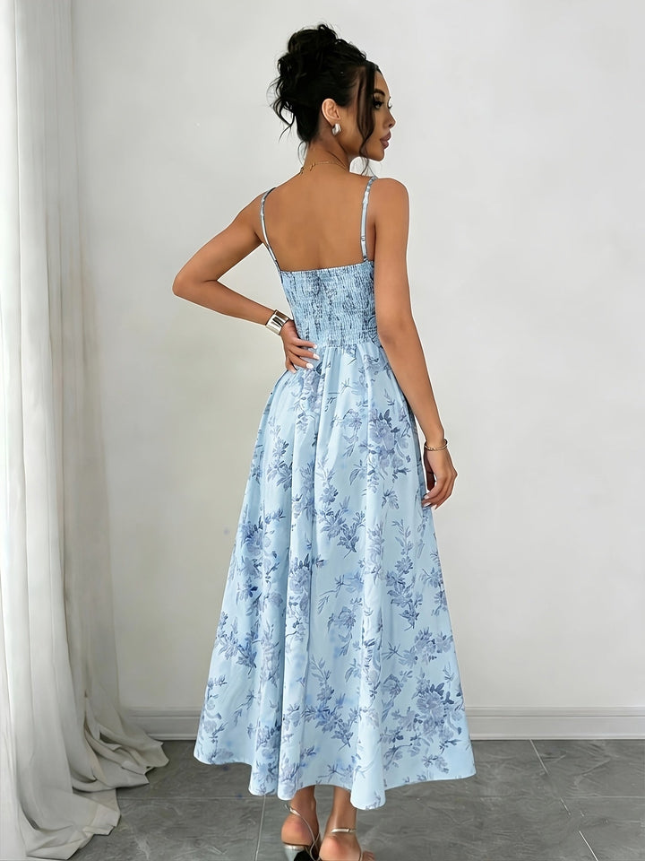 Isla | Women's Floral Print Ruched Bodice Spaghetti Strap Midi Dress