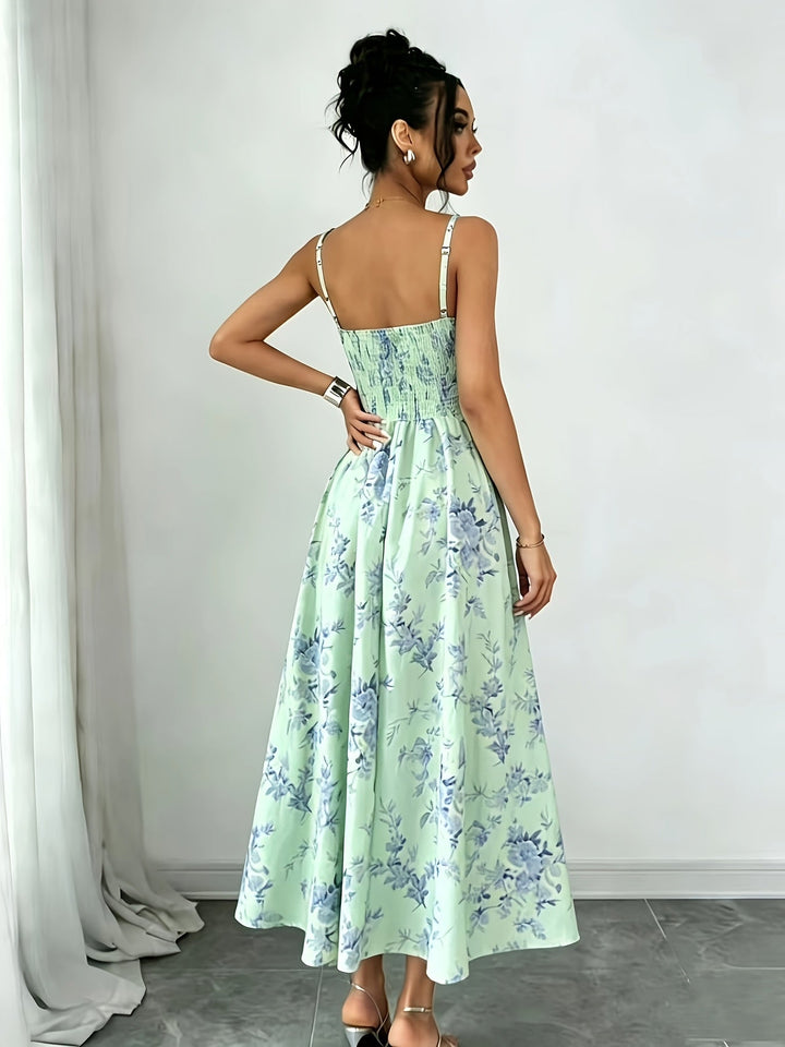 Isla | Women's Floral Print Ruched Bodice Spaghetti Strap Midi Dress