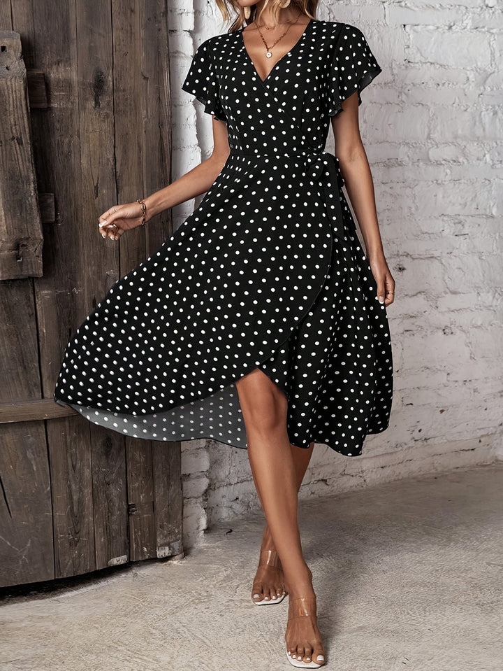 Beatrice │ Women's Polka Dot Wrap Front Maxi Dress With Short Sleeves