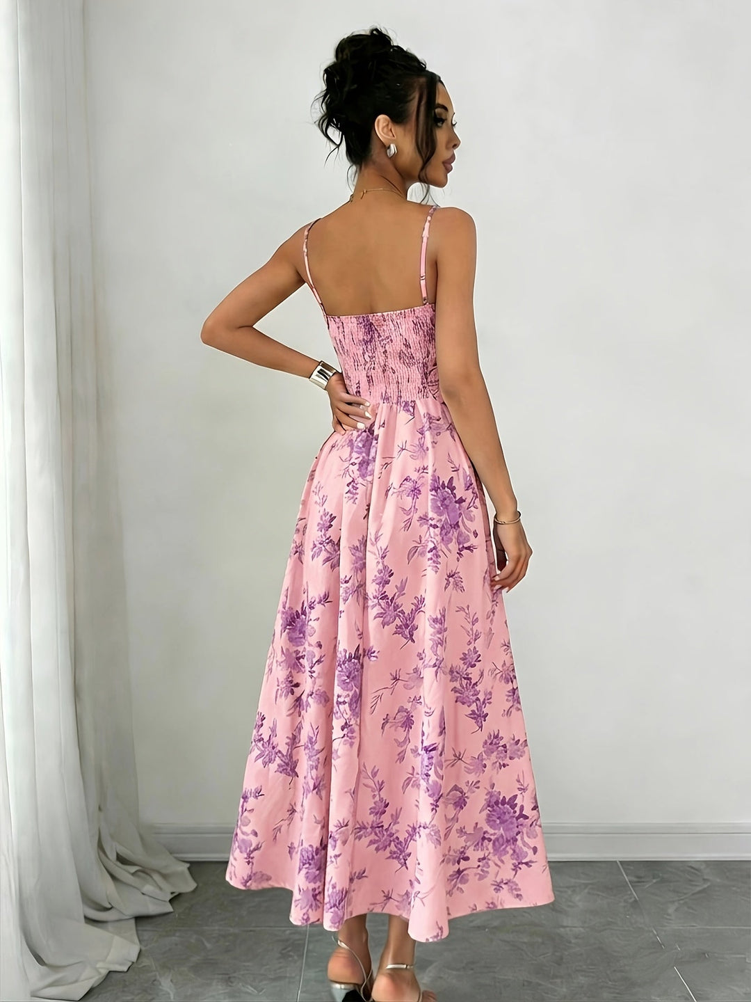 Isla | Women's Floral Print Ruched Bodice Spaghetti Strap Midi Dress