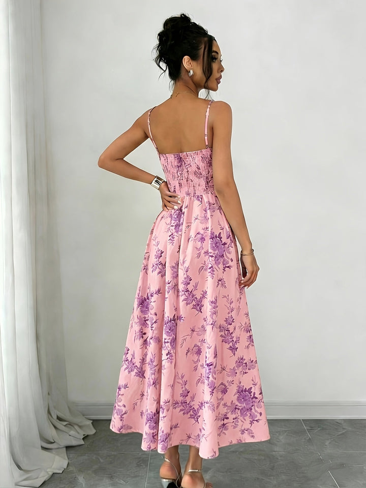 Isla | Women's Floral Print Ruched Bodice Spaghetti Strap Midi Dress
