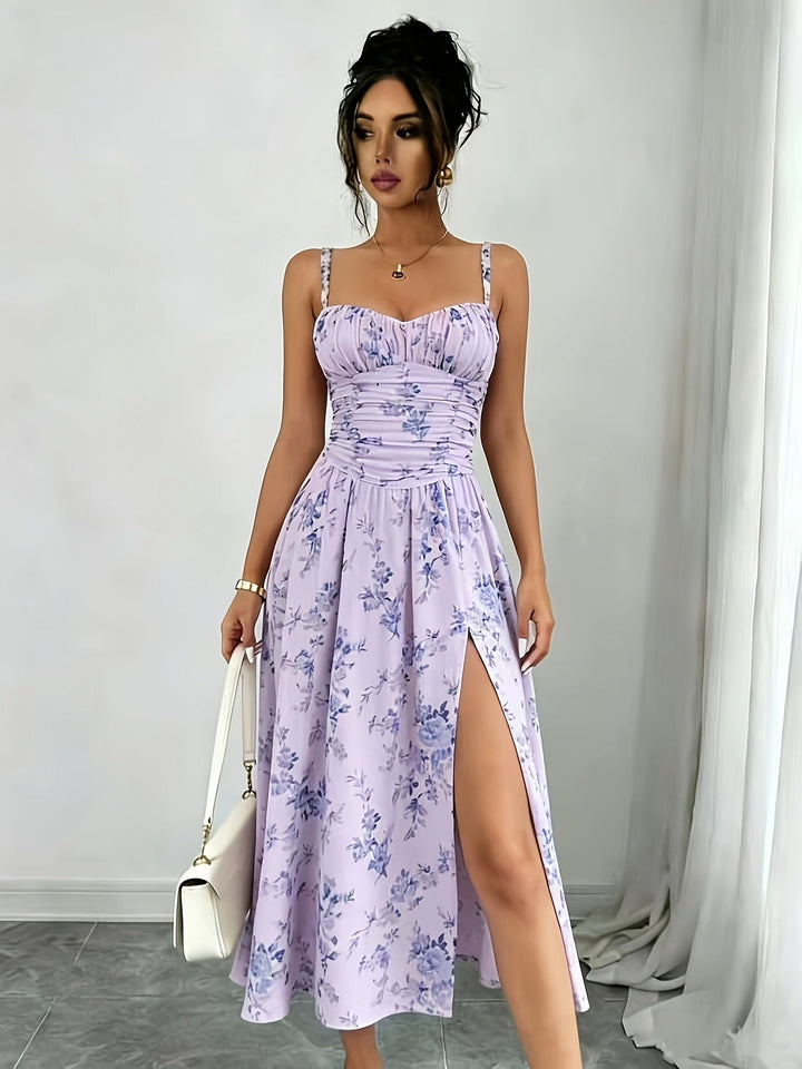 Isla | Women's Floral Print Ruched Bodice Spaghetti Strap Midi Dress