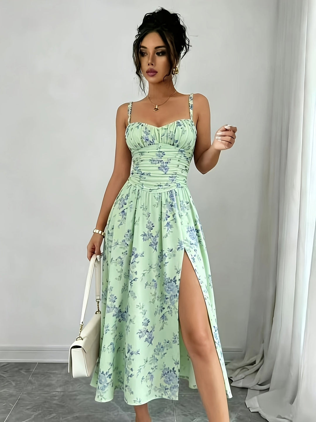Isla | Women's Floral Print Ruched Bodice Spaghetti Strap Midi Dress