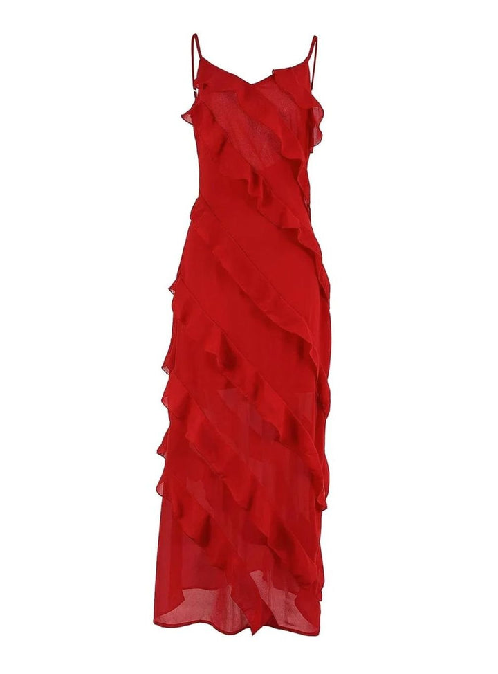 Women's Asymmetric Ruffle Spaghetti-Strap Formal Maxi Dress