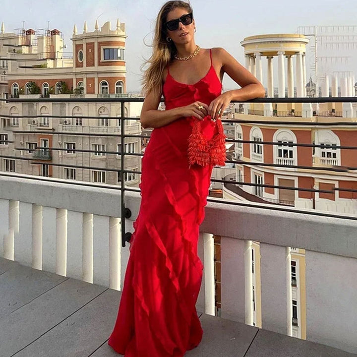 Women's Asymmetric Ruffle Spaghetti-Strap Formal Maxi Dress