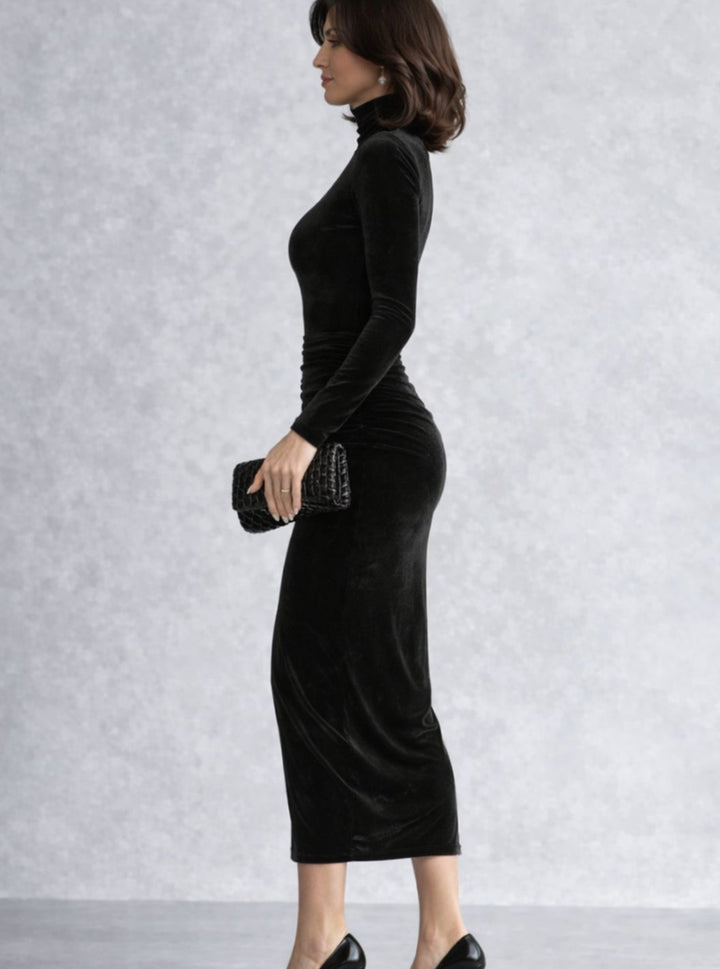 Women's Black Velvet Ruched Midi Dress Turtleneck Long Sleeve