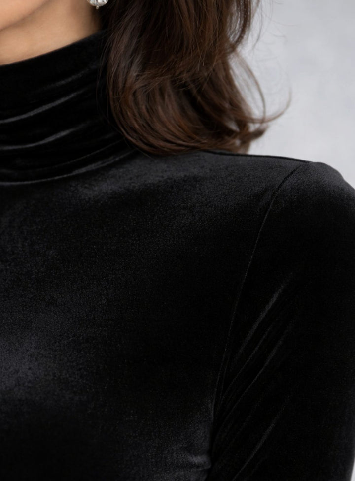 Women's Black Velvet Ruched Midi Dress Turtleneck Long Sleeve