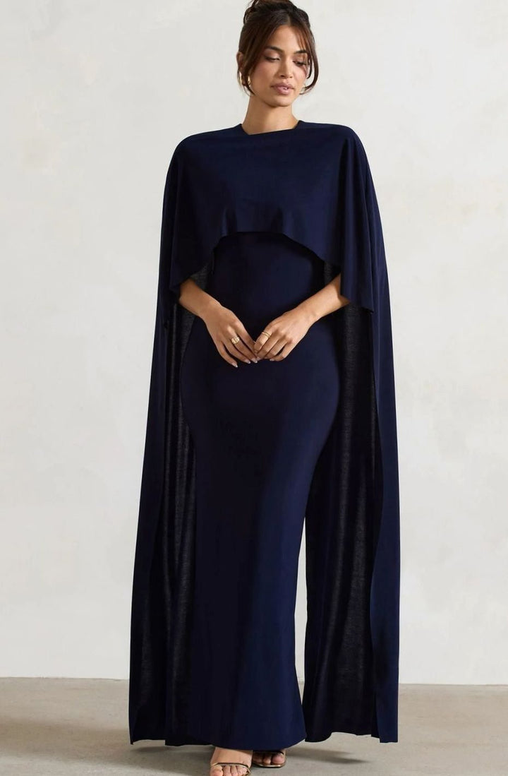 Women's Bodycon Cape-Sleeve Stretch Jersey Maxi Dress - Navy Blue