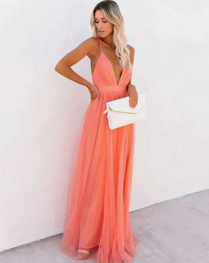 Women's Deep V-Neck Backless Tulle Maxi Dress Spaghetti Strap