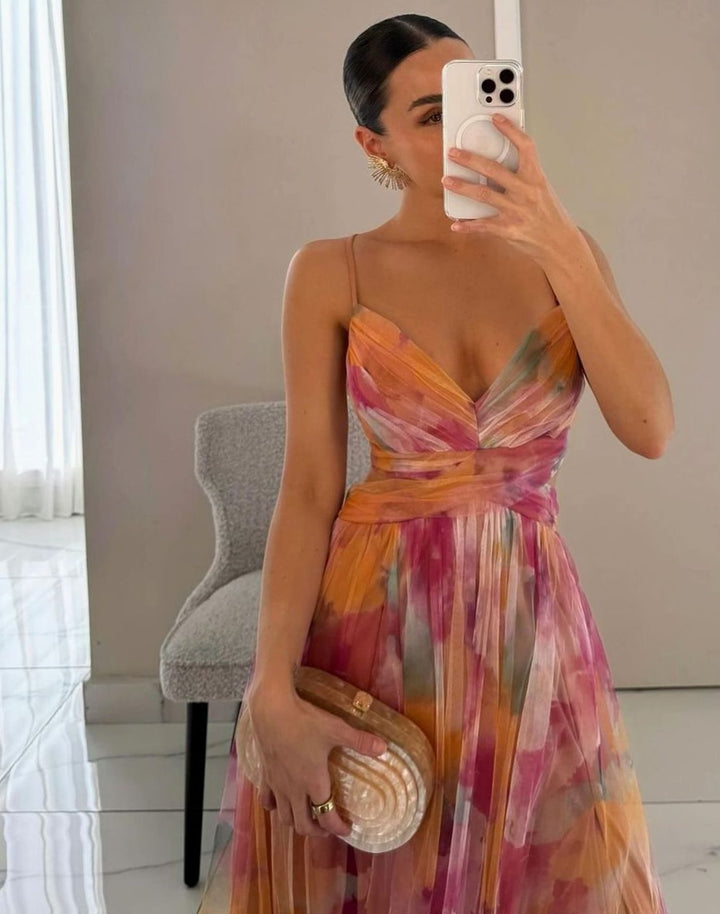 Women's Floral Tulle Spaghetti-Strap Open-Back Maxi Dress