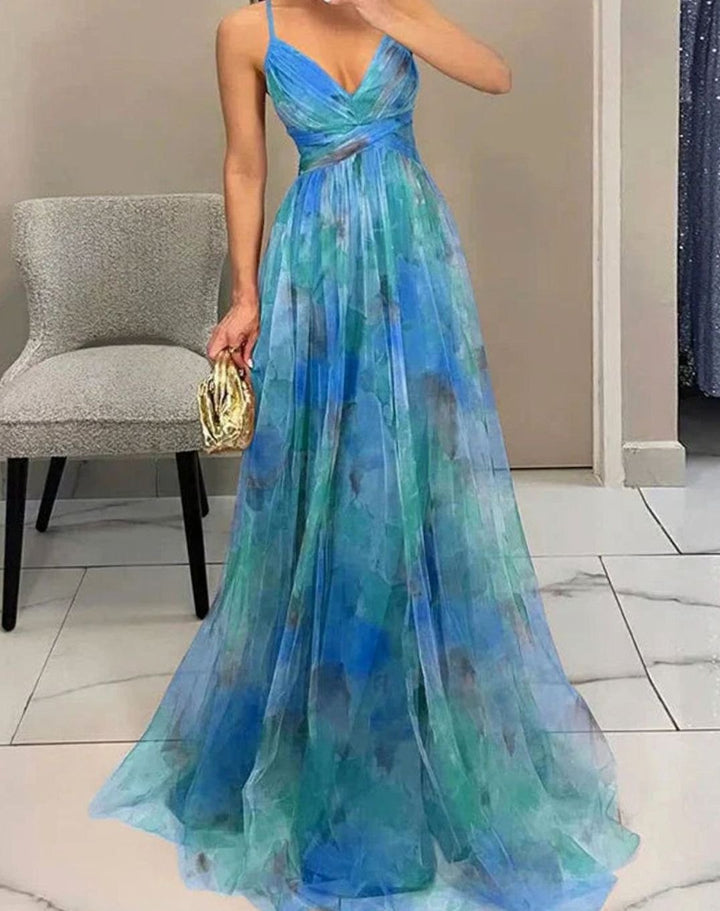 Women's Floral Tulle Spaghetti-Strap Open-Back Maxi Dress - Blue