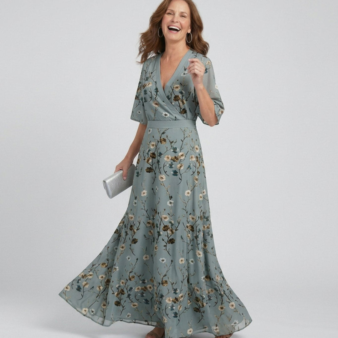 Women's Flowy Maxi Dress Floral V-Neck Wrap Silhouette - Sage Green