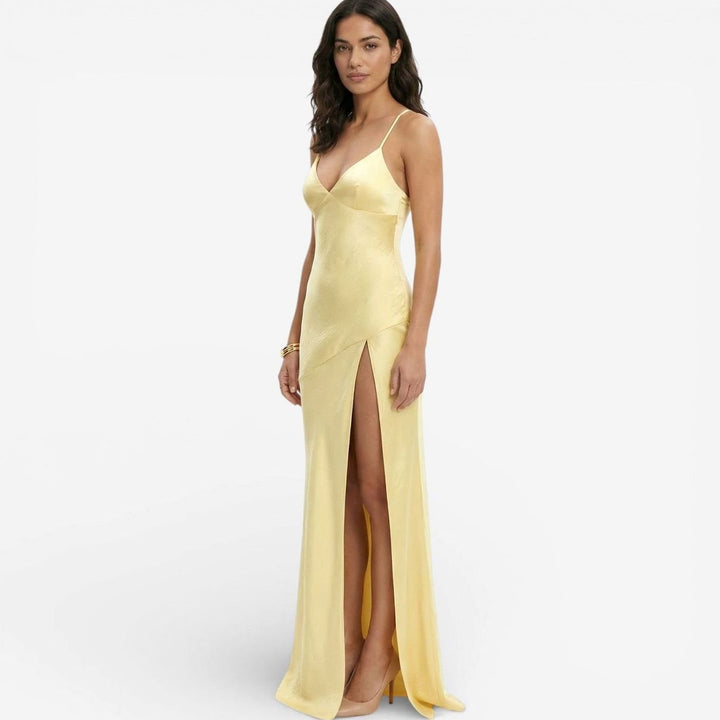 Women's Formal Satin V-Neck Thin Strap High-Slit Maxi Dress