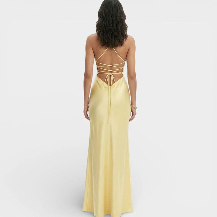 Women's Formal Satin V-Neck Thin Strap High-Slit Maxi Dress