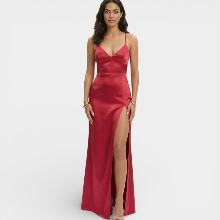 Women's Formal Satin V-Neck Thin Strap High-Slit Maxi Dress - Red