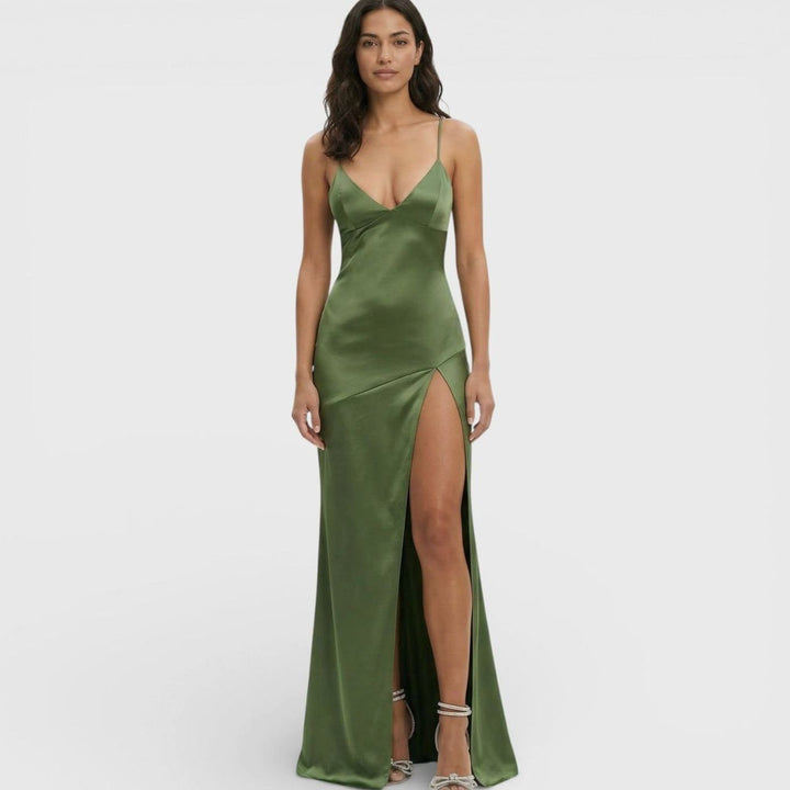 Women's Formal Satin V-Neck Thin Strap High-Slit Maxi Dress - Green