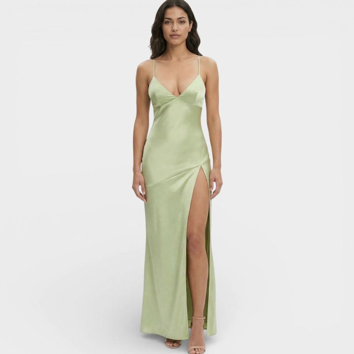 Women's Formal Satin V-Neck Thin Strap High-Slit Maxi Dress - Light Green