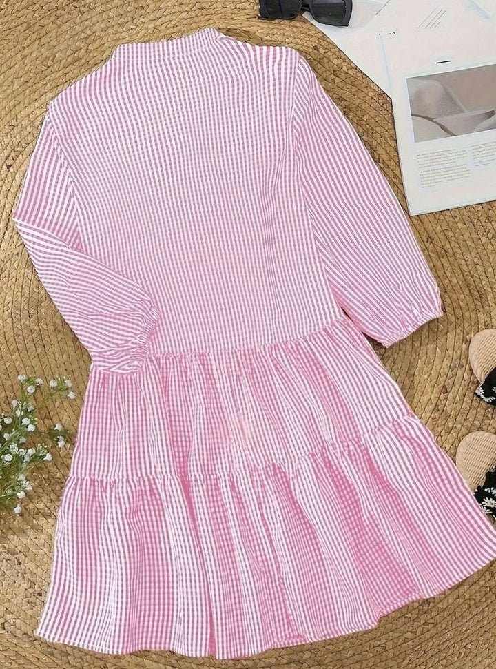 Women's Gingham Mini Dress Three-Quarter Sleeve Button-Front Ruffle Hem