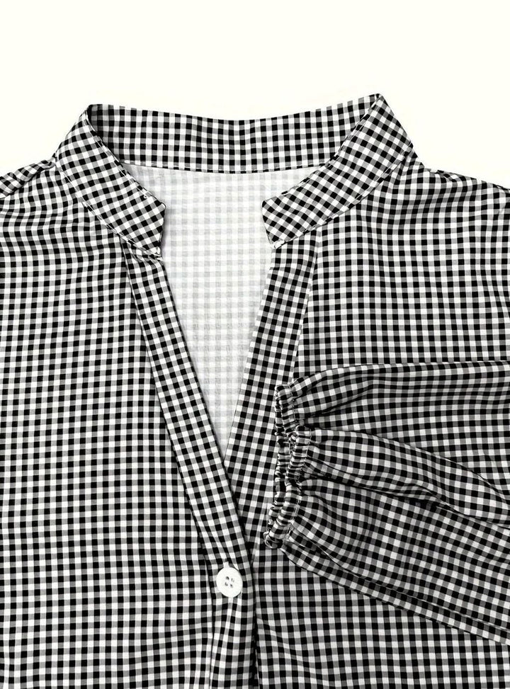 Women's Gingham Mini Dress Three-Quarter Sleeve Button-Front Ruffle Hem