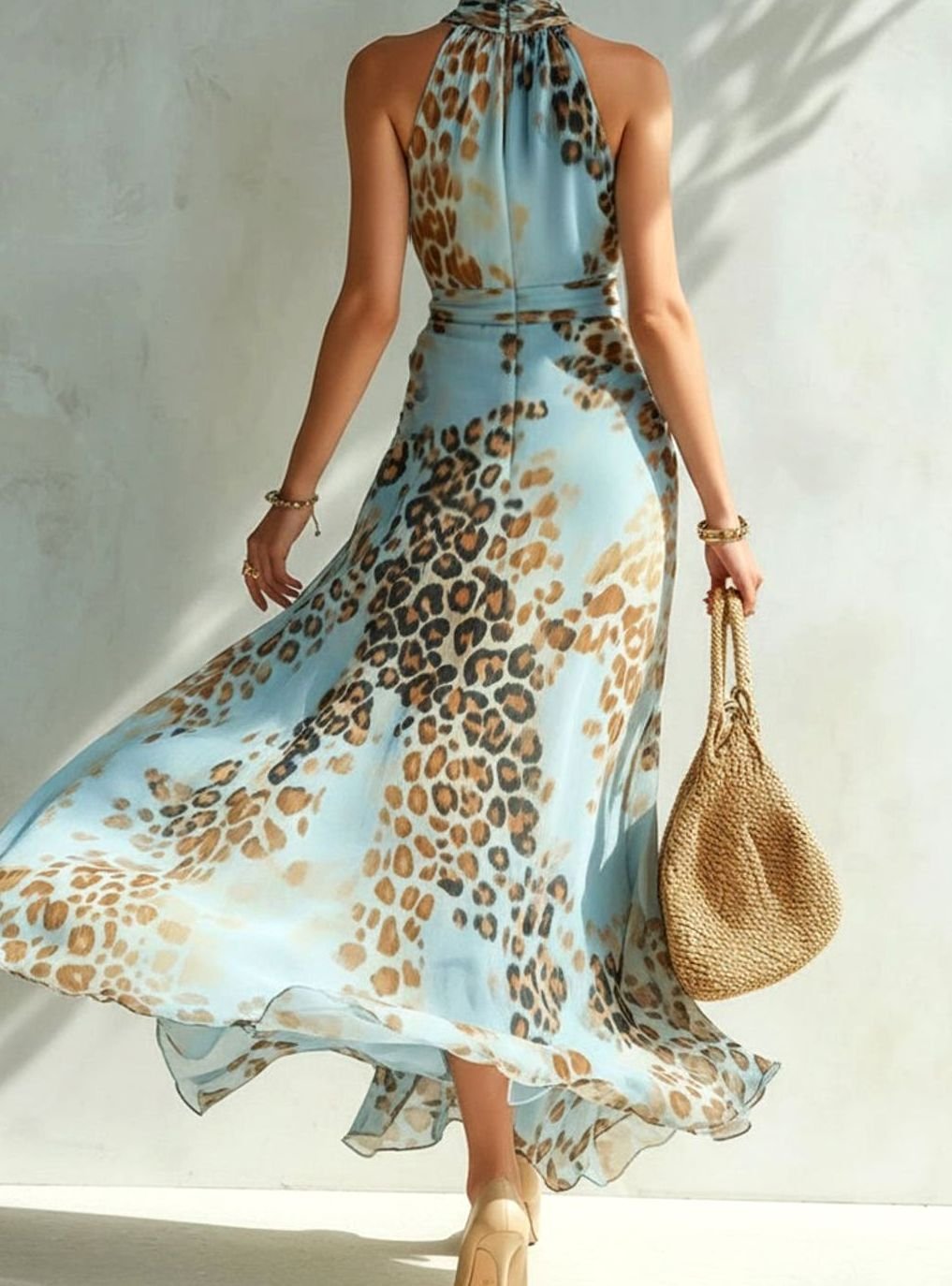 Women's Leopard Print Halterneck Open-Back Maxi Dress