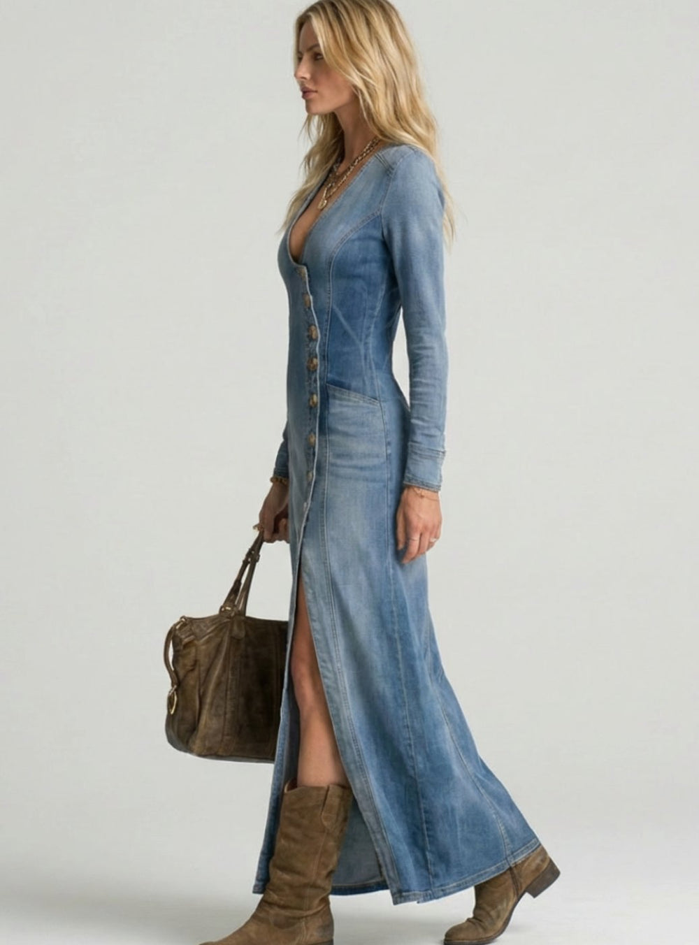 Women's Long Sleeve Button-Front Denim Maxi Dress