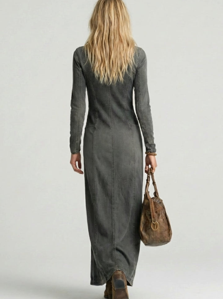 Women's Long Sleeve Button-Front Denim Maxi Dress