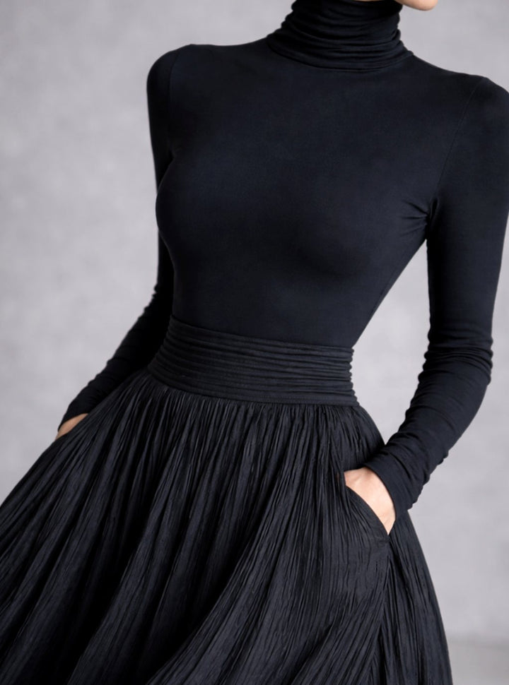 Women's Long Sleeve Turtleneck Pleated Maxi Dress with Pockets