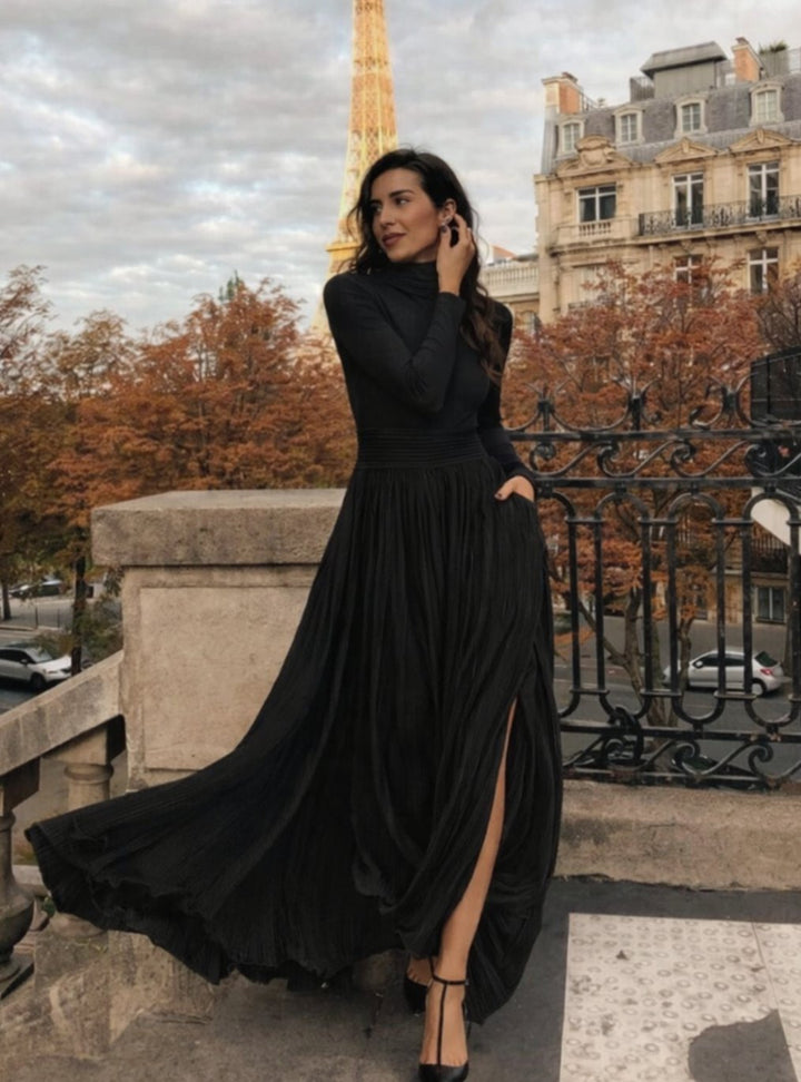 Women's Long Sleeve Turtleneck Pleated Maxi Dress with Pockets