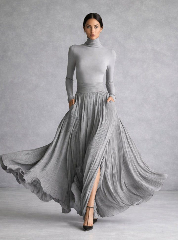 Women's Long Sleeve Turtleneck Pleated Maxi Dress with Pockets - Grey
