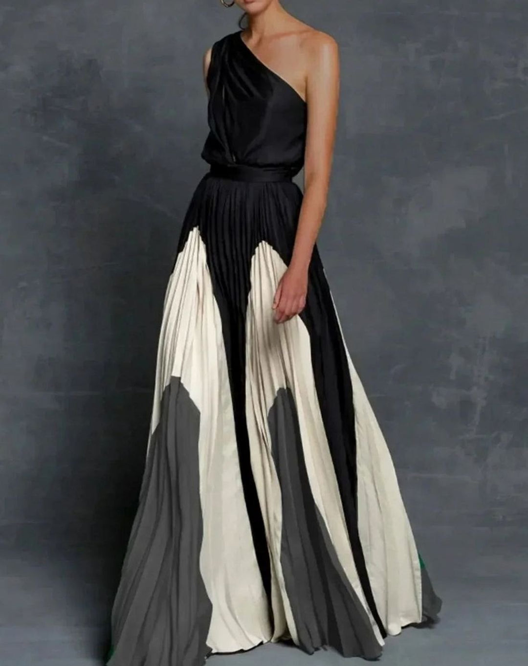 Women's One-Shoulder Pleated Colour-Block Maxi Dress - Gray