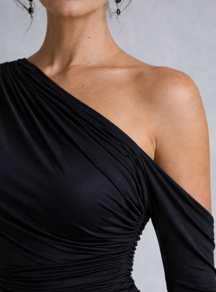 Women's One Shoulder Ruched Maxi Dress Long Sleeve Fitted Gown