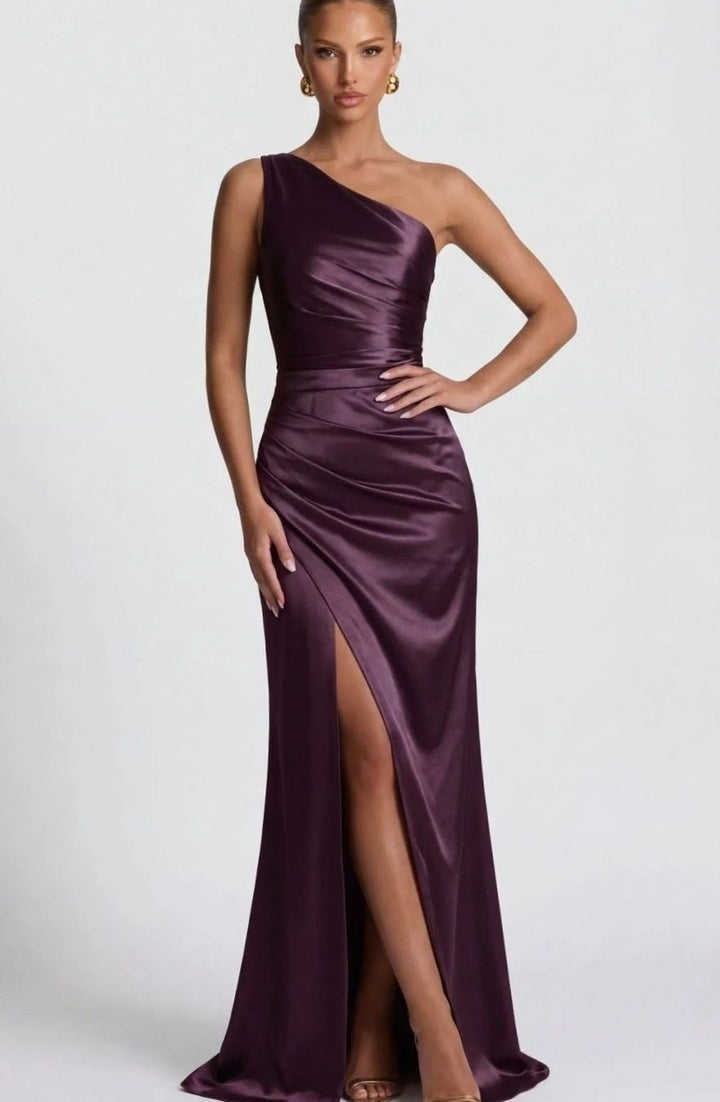 Women's One-Shoulder Ruched Satin Maxi Formal Dress