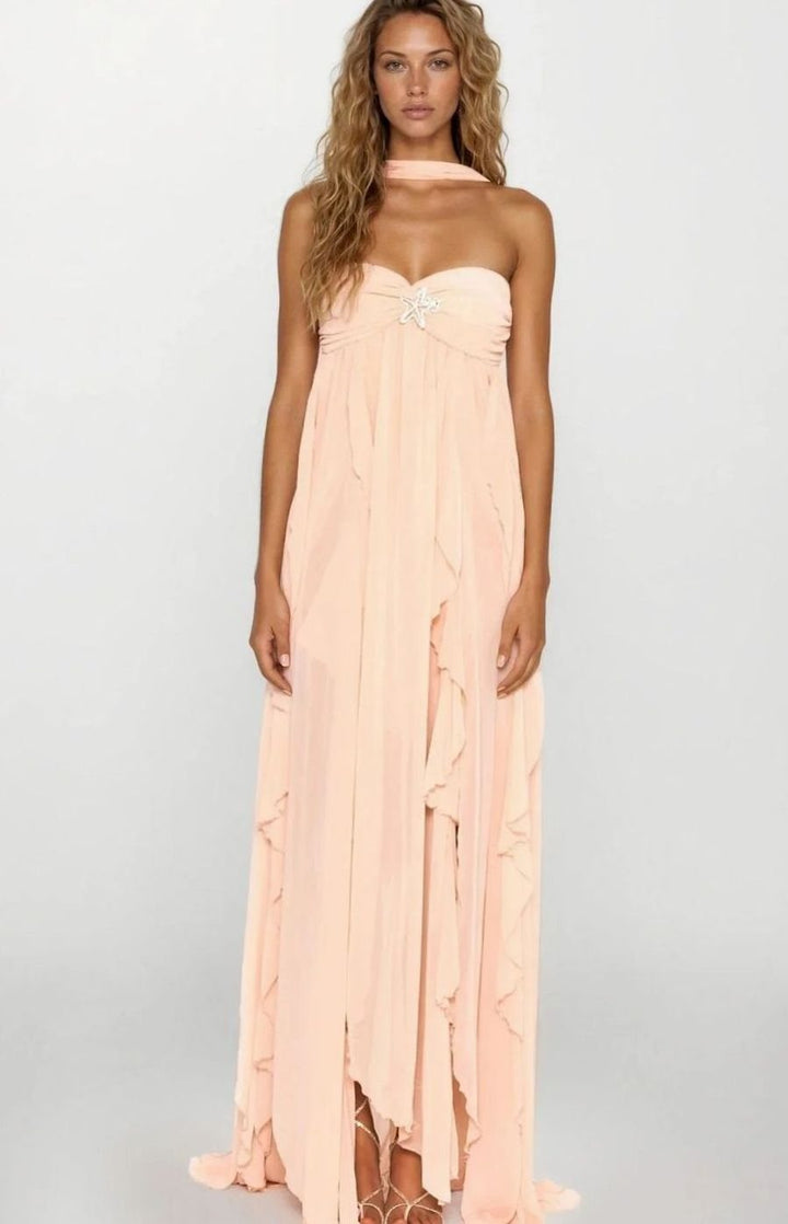 Women's Ruffled Halter-Neck Flowy Pink Maxi Dress