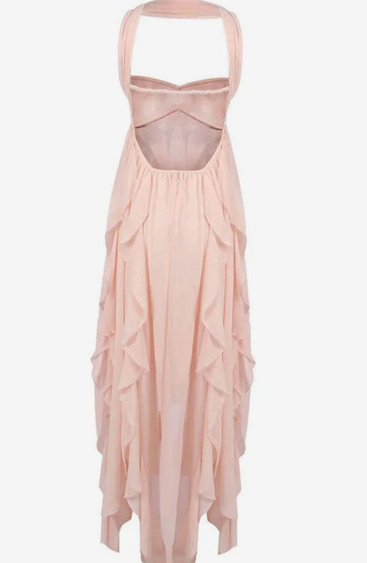 Women's Ruffled Halter-Neck Flowy Pink Maxi Dress