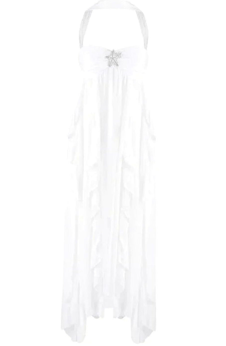Women's Ruffled Halter-Neck Flowy Pink Maxi Dress