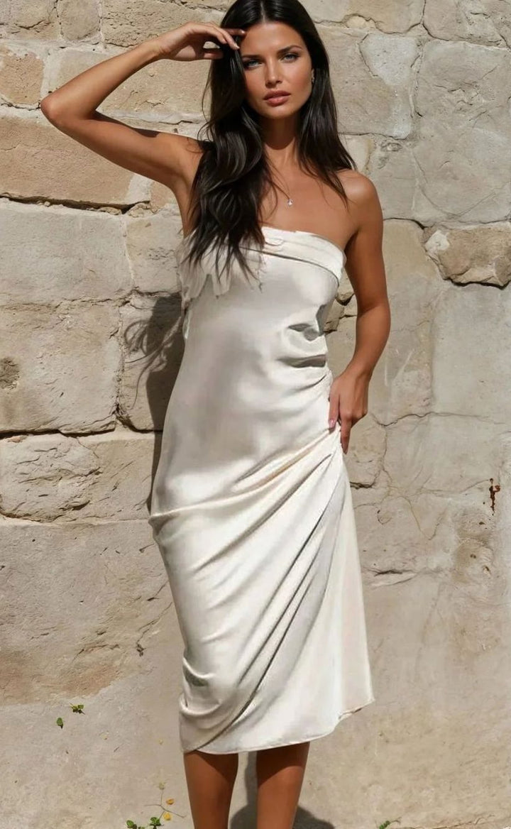 Women's Satin Strapless Draped Midi Dress for Formal Evening - Light Brown
