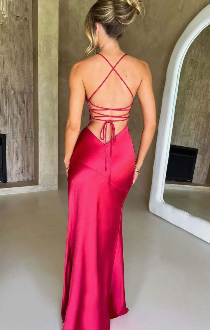 Women's Satin V-Neck High-Slit Halter Maxi Evening Dress