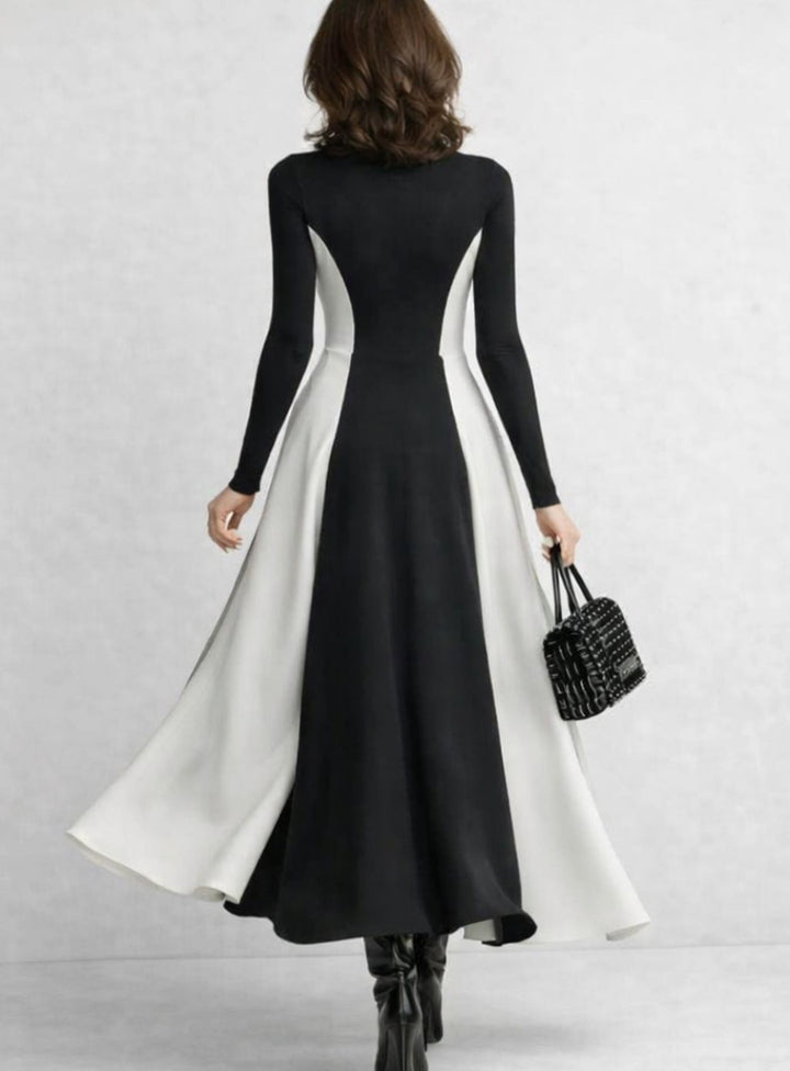 Women's Sculpted Contrast-Panel Turtleneck Flared Maxi Dress