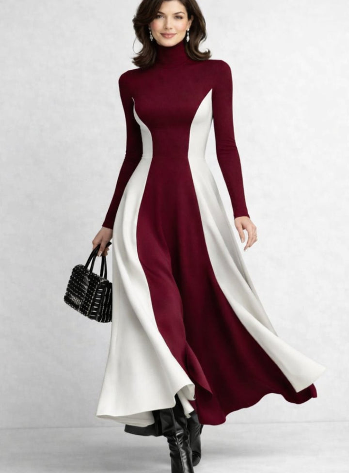 Women's Sculpted Contrast-Panel Turtleneck Flared Maxi Dress - Burgundy