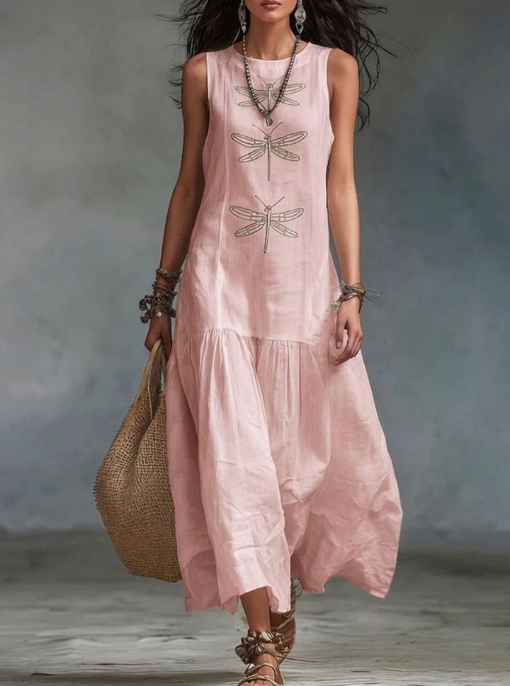 Women's Sleeveless Dragonfly Embroidered Relaxed-Fit Maxi Dress - Pink