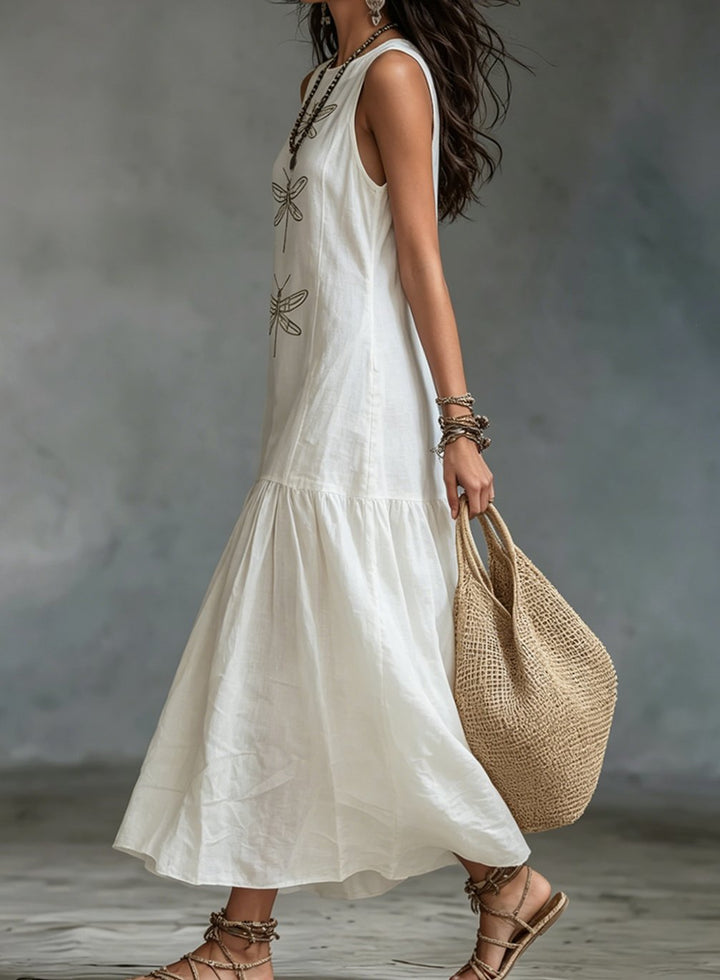 Women's Sleeveless Dragonfly Embroidered Relaxed-Fit Maxi Dress