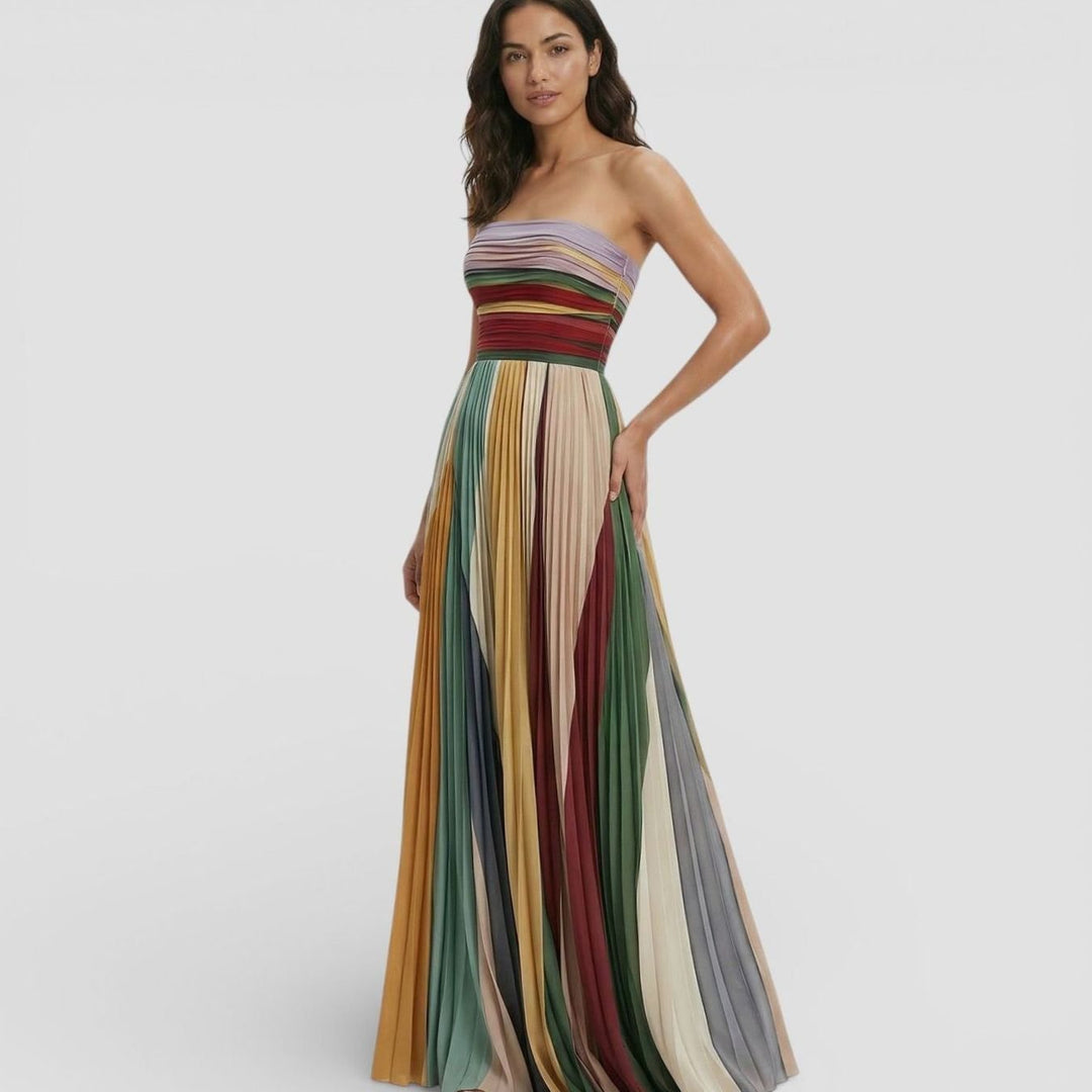 Women's Strapless Pleated Multicolour Maxi Dress Ruched Bodice