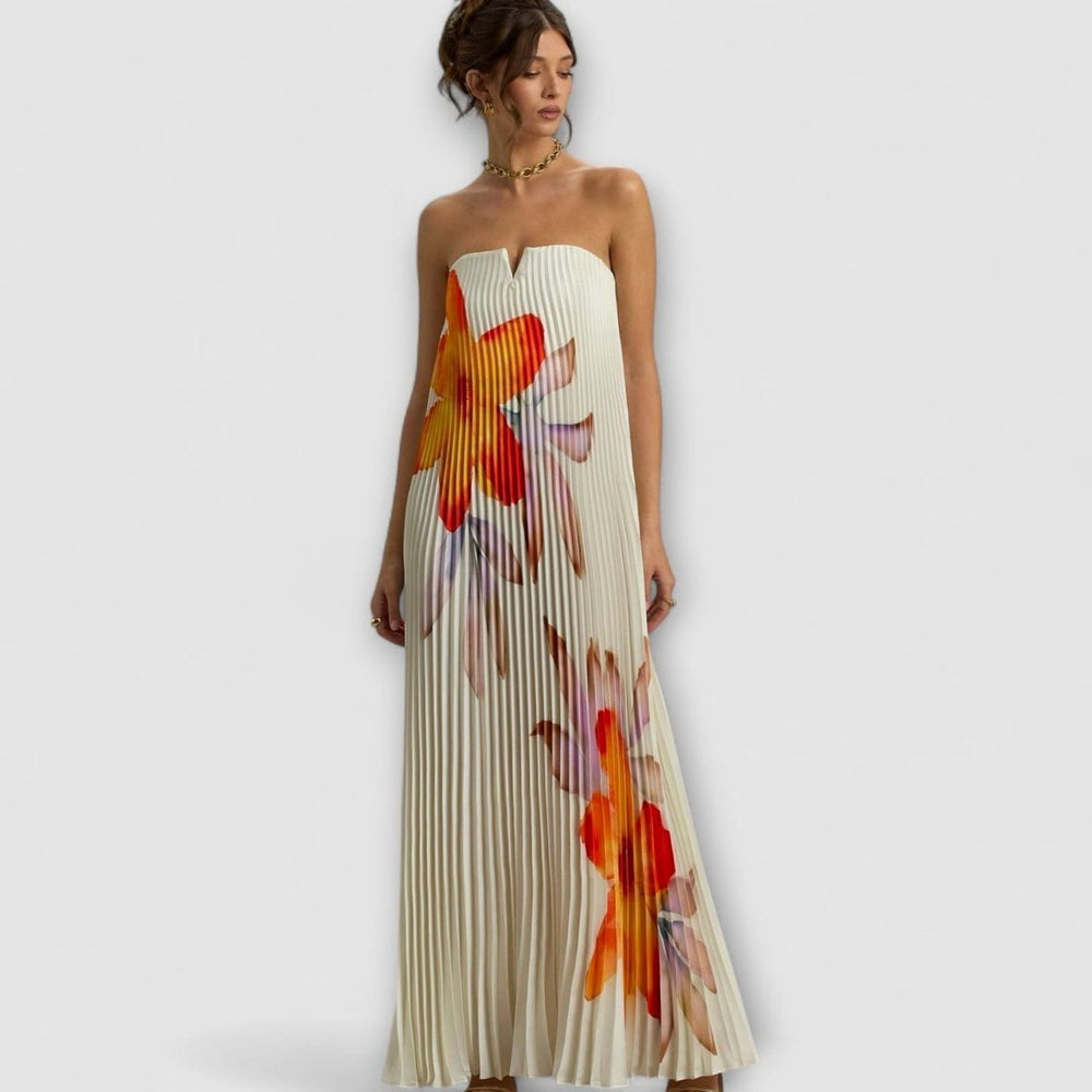 Women's Strapless Pleated Sweetheart Maxi Dress - Orange Floral