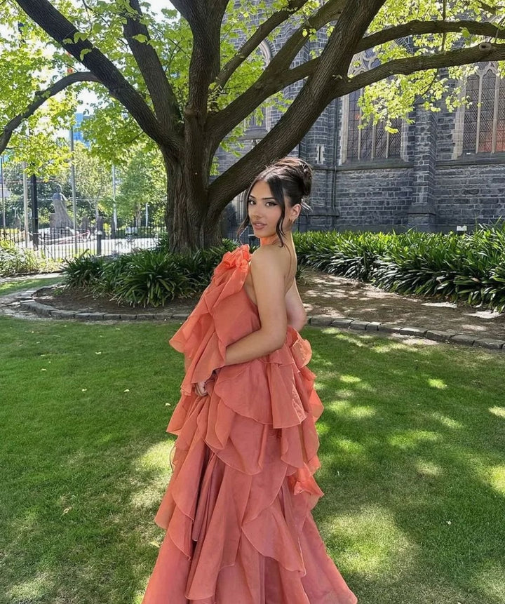 Women's Strapless Tiered Ruffle Formal Maxi Dress