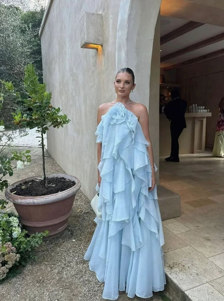 Women's Strapless Tiered Ruffle Formal Maxi Dress